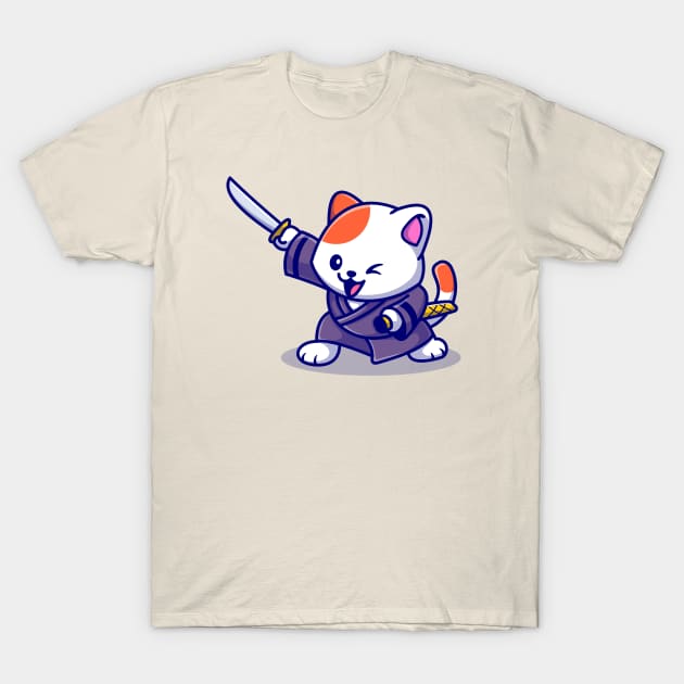 Cute Cat Samurai With Sword Cartoon T-Shirt by Catalyst Labs